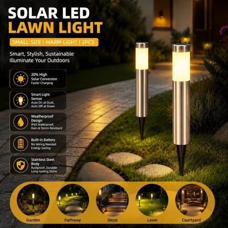 Silver stainless steel solar garden stake light warm white two pack