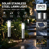 Silver stainless steel solar garden stake light cool white two pack