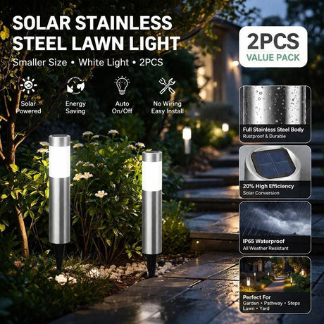 Silver stainless steel solar garden stake light cool white two pack