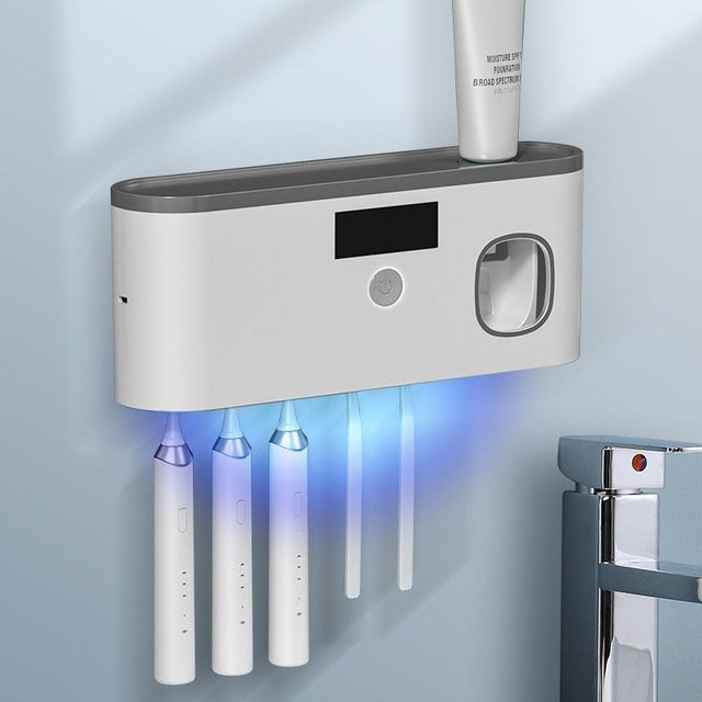 Cagliari wall mounted UV toothbrush holder in gray with auto toothpaste dispenser