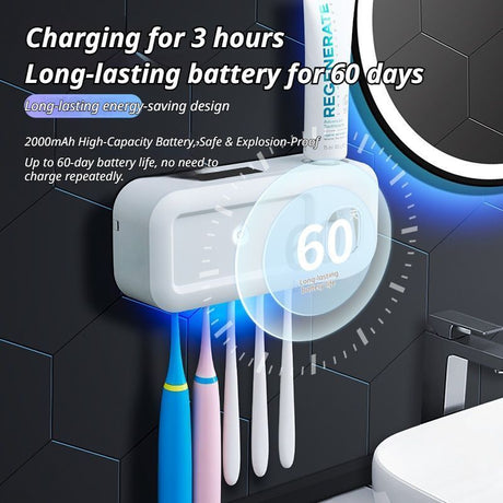 Close view of the five toothbrush slots on the grey wall mounted holder
