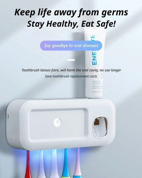 Automatic toothpaste dispenser on the grey toothbrush holder in use