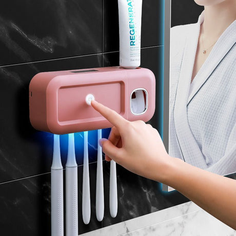 UV lamp compartment inside the grey wall mounted toothbrush holder
