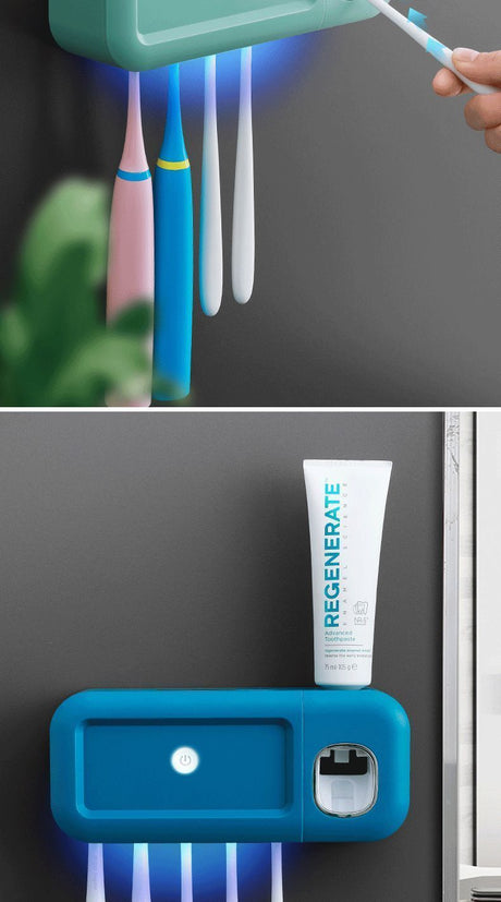 USB charging port on the side of the grey toothbrush holder
