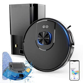 Robot vacuum and mop beside a self emptying dock station