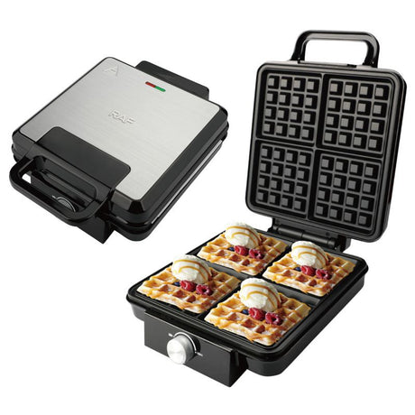 Four slice waffle maker with non stick plates, front view