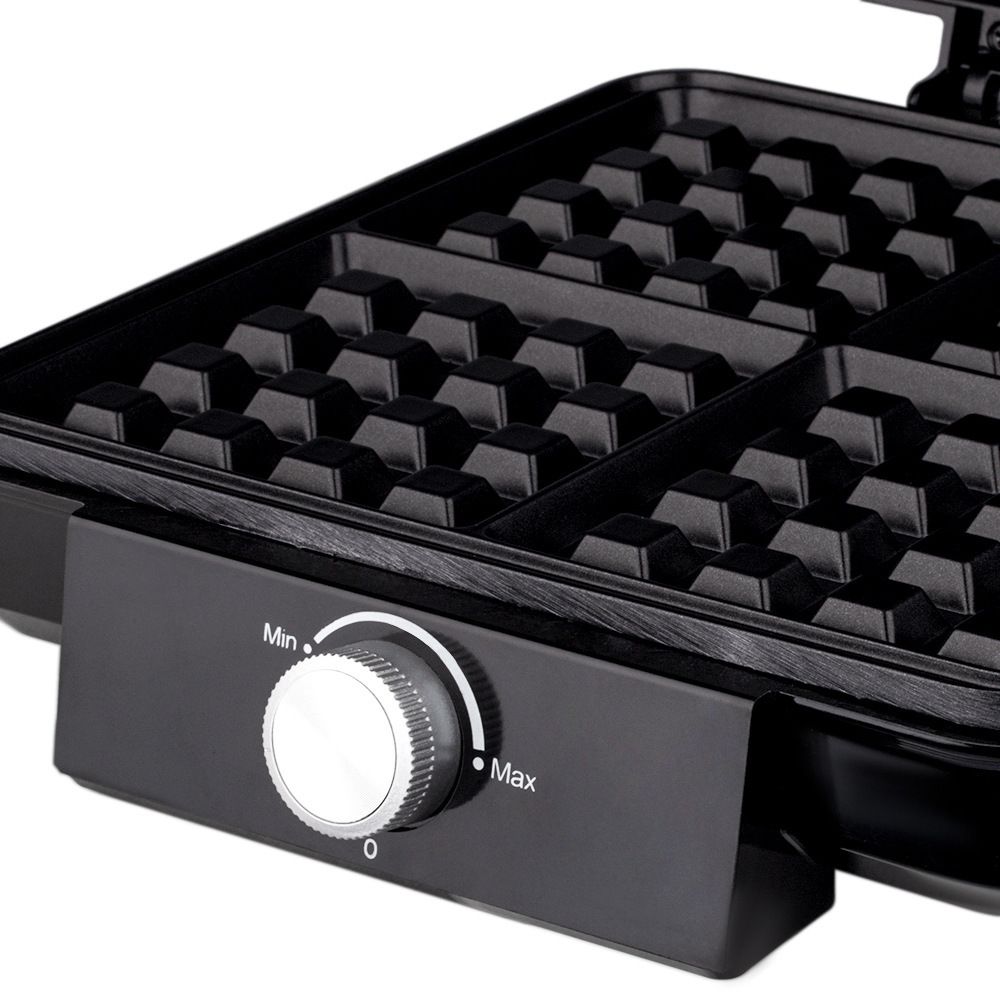 Waffle maker dimensions shown at approximately 24 by 30 by 34 cm