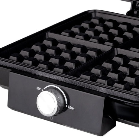 Waffle maker dimensions shown at approximately 24 by 30 by 34 cm
