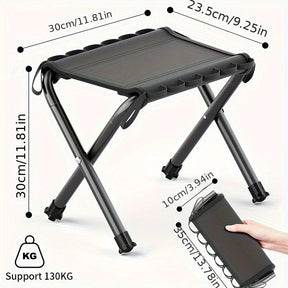 Black aluminium folding camp stool with hanging hook and Oxford seat