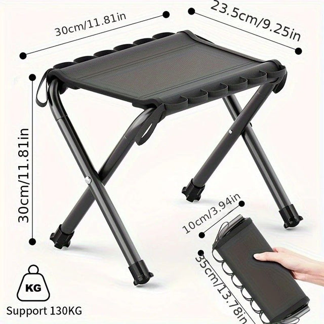 Black aluminium folding camp stool with hanging hook and Oxford seat