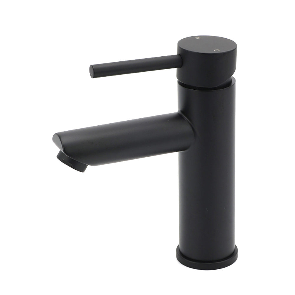 Matt black round basin mixer tap with braided hoses, view 1
