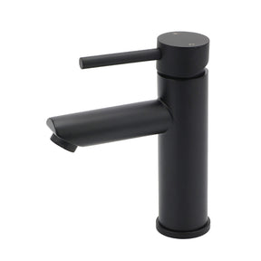 Matt black round basin mixer tap with braided hoses, view 1