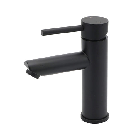Matt black round basin mixer tap with braided hoses, view 1