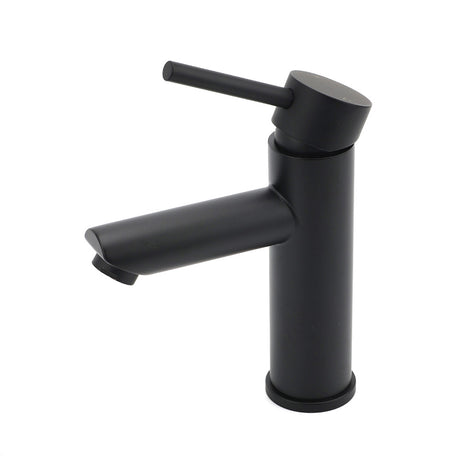 Matt black round basin mixer tap with braided hoses, view 2