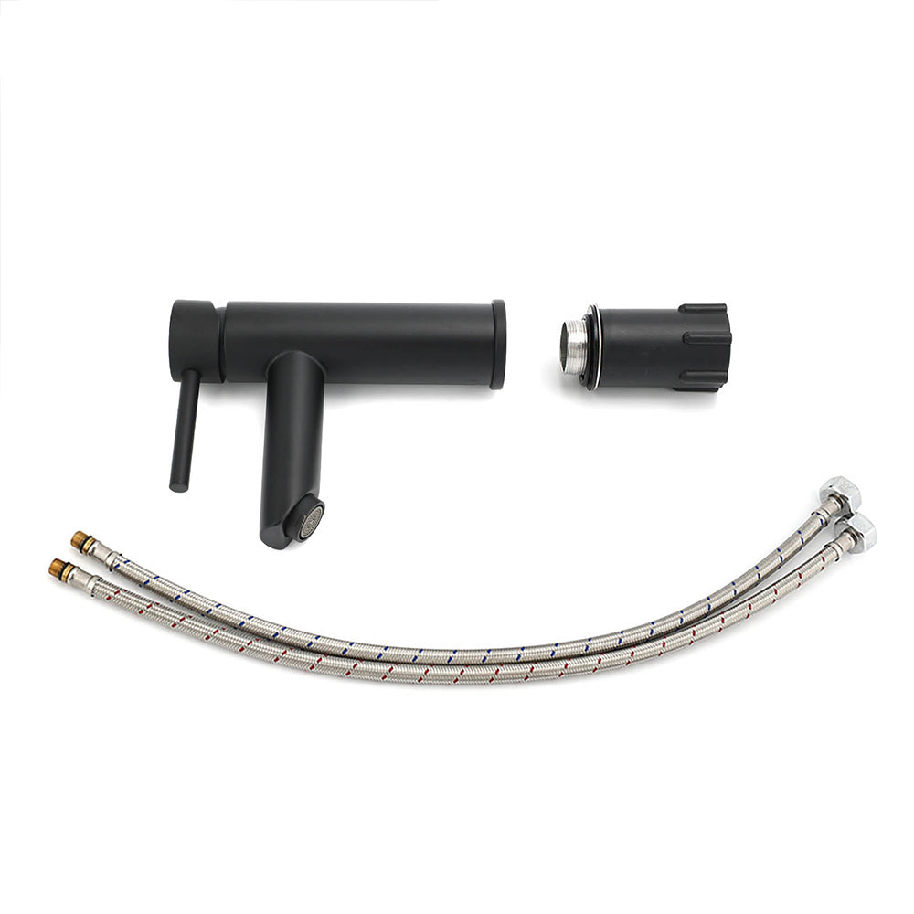 Matt black round basin mixer tap with braided hoses, view 7
