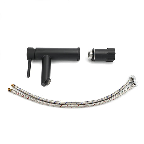 Matt black round basin mixer tap with braided hoses, view 7