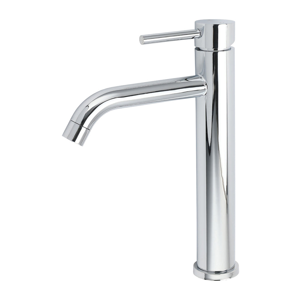 Polished chrome tall curved spout basin mixer tap, view 1