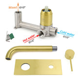 Round Wall Mounted Basin Mixer Tap with Curved Spout, Brushed Gold