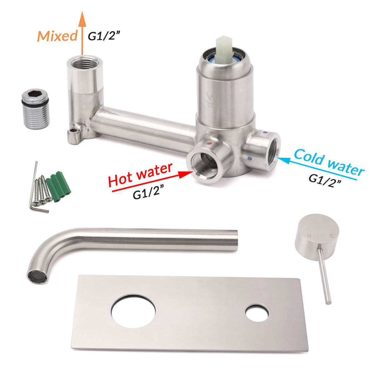 Round Wall Mounted Basin and Bath Mixer Tap, Brushed Nickel