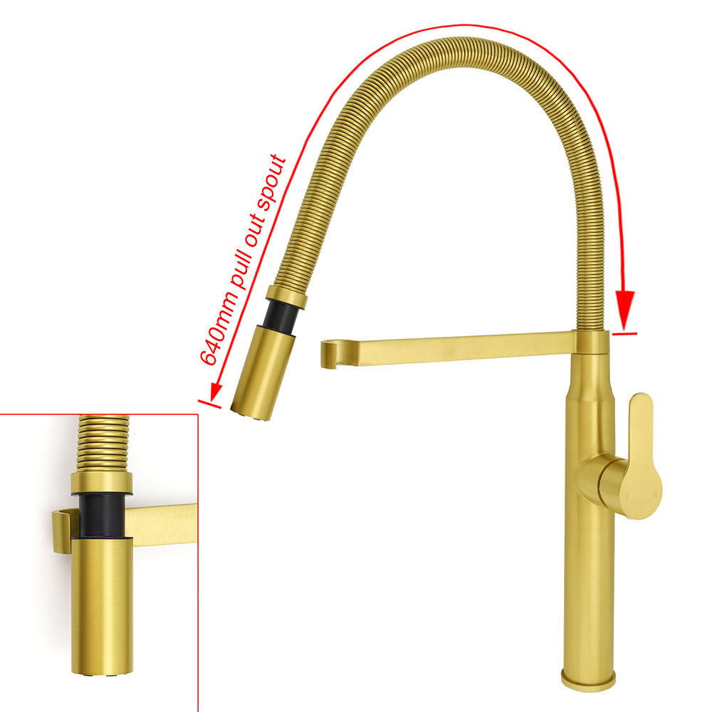Tall Pull Out Kitchen Mixer Tap, 360 Degree Swivel, Brushed Gold