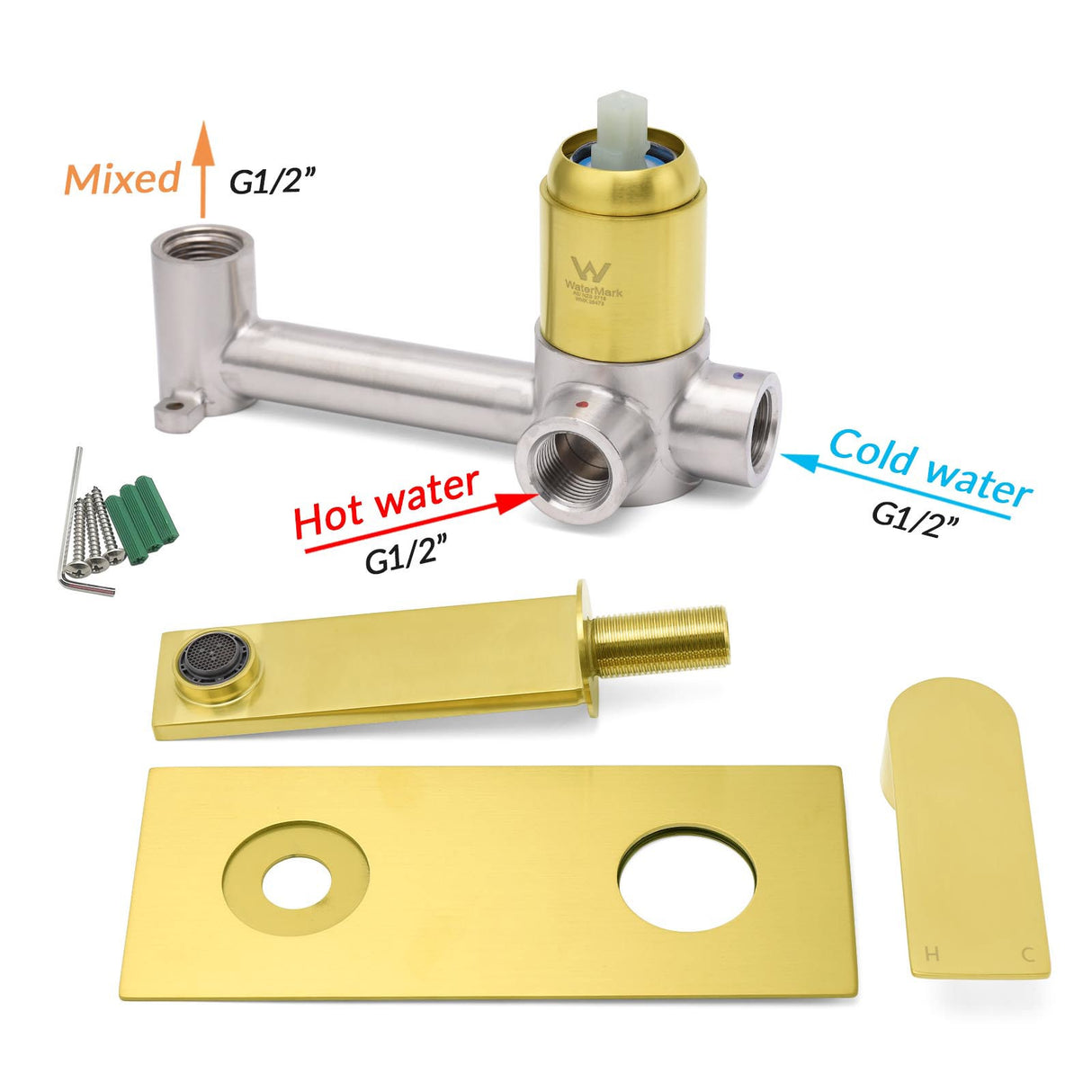 Wall Mounted Basin Mixer Tap Set, Square, Brushed Gold