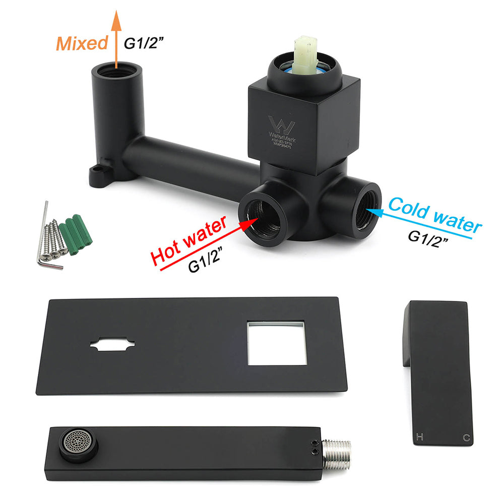 Square Wall Mounted Basin Mixer Tap, Matte Black