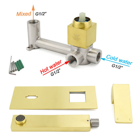 Square Wall Mounted Basin Mixer Tap, Brushed Gold