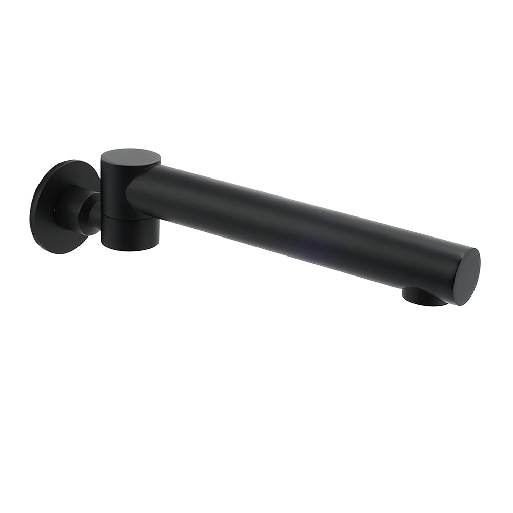 Matt black round wall mounted bath and basin spout with 180 degree swivel outlet, view 1