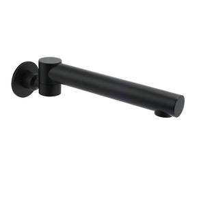Matt black round wall mounted bath and basin spout with 180 degree swivel outlet, view 1