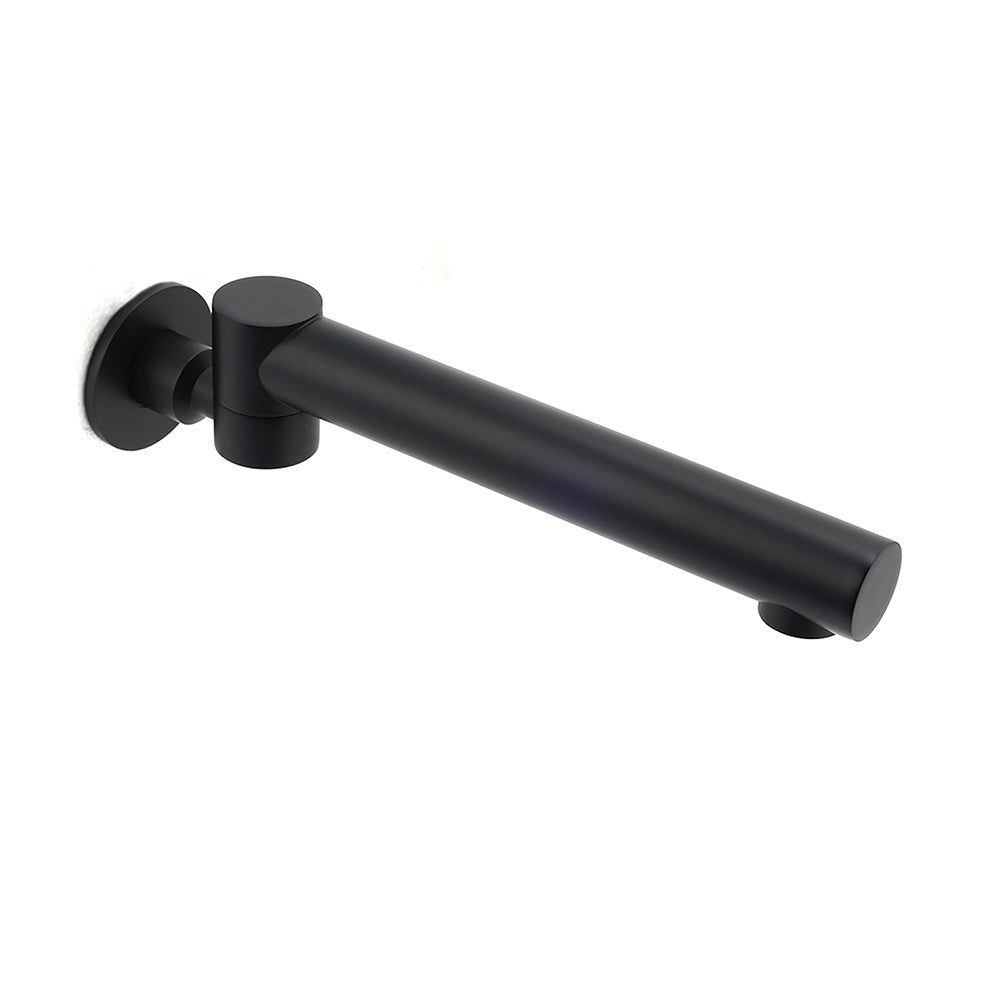 Matt black round wall mounted bath and basin spout with 180 degree swivel outlet, view 2