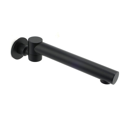 Matt black round wall mounted bath and basin spout with 180 degree swivel outlet, view 2