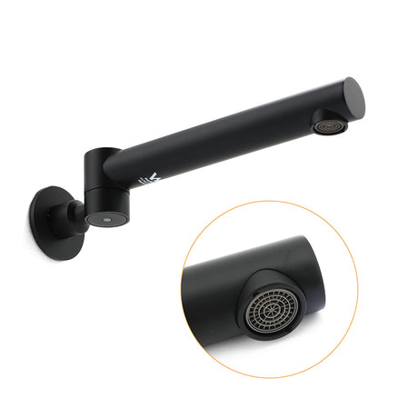 Matt black round wall mounted bath and basin spout with 180 degree swivel outlet, view 3