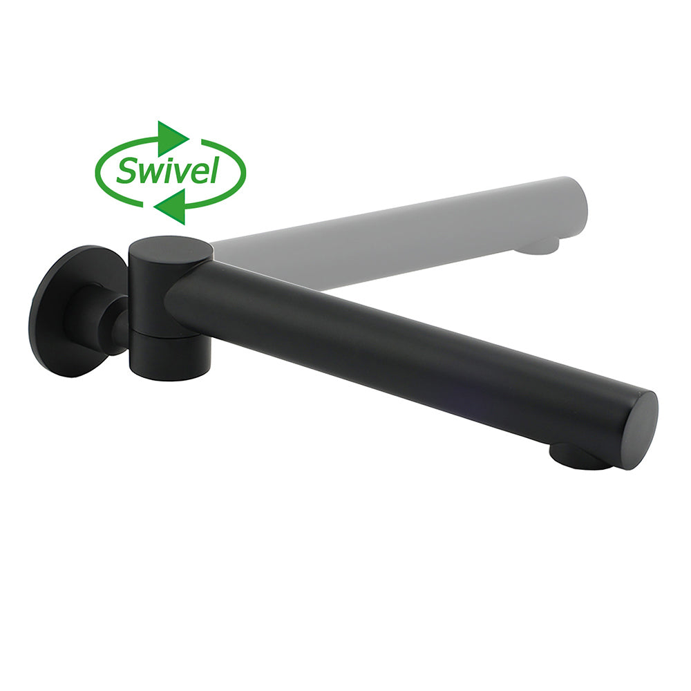 Matt black round wall mounted bath and basin spout with 180 degree swivel outlet, view 4