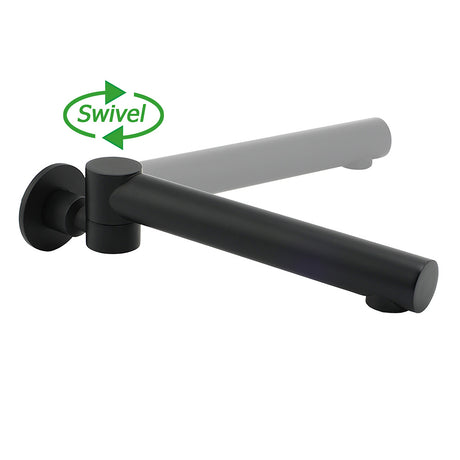 Matt black round wall mounted bath and basin spout with 180 degree swivel outlet, view 4