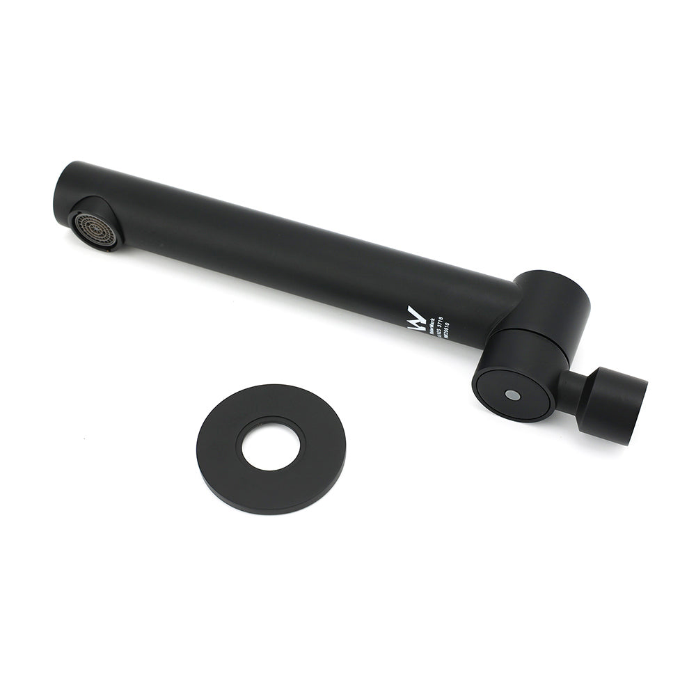 Matt black round wall mounted bath and basin spout with 180 degree swivel outlet, view 5