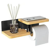 Bamboo and black toilet paper holder with a top shelf mounted on a wall