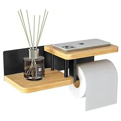 Bamboo and black toilet paper holder with a top shelf mounted on a wall
