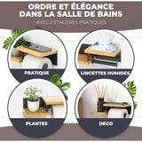 Black toilet roll holder with bamboo shelf holding a phone and wipes