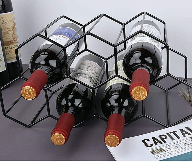 9 bottle black metal honeycomb countertop wine rack