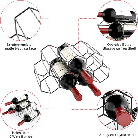 9 bottle black metal honeycomb countertop wine rack