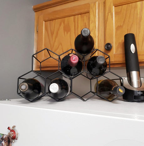 9 bottle black metal honeycomb countertop wine rack