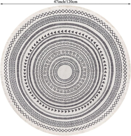 Detail of knotted fringe edge on grey round rug