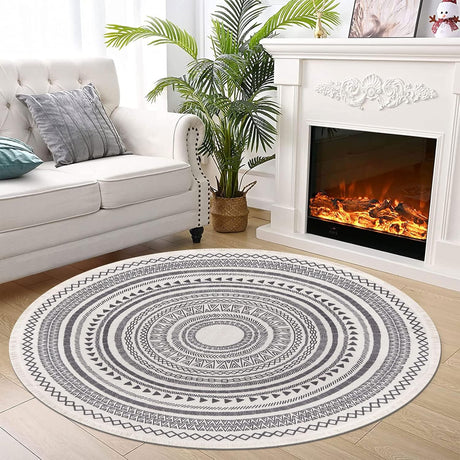 Grey Moroccan-style round rug styled in a living space