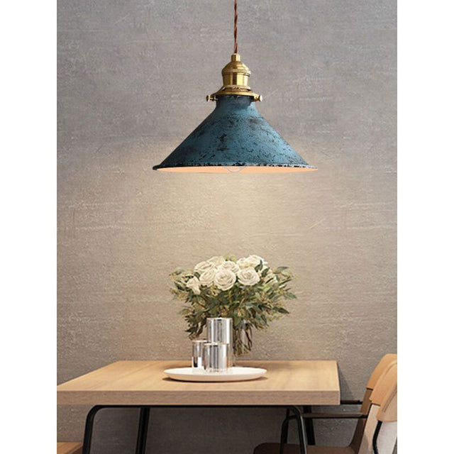 Industrial cage pendant light in blue with brass shell