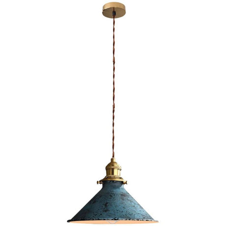 Blue industrial cage pendant light, detail view