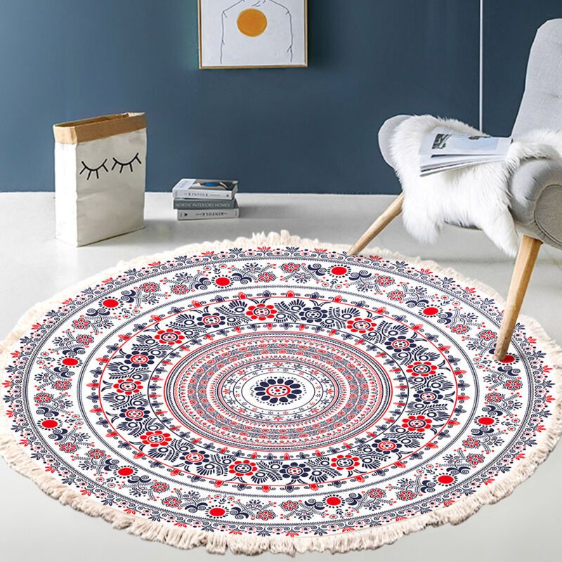 Bohemian mandala round rug in woven style with tassel edging, 60cm diameter