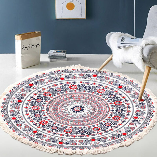 Bohemian mandala round rug in woven style with tassel edging, 60cm diameter