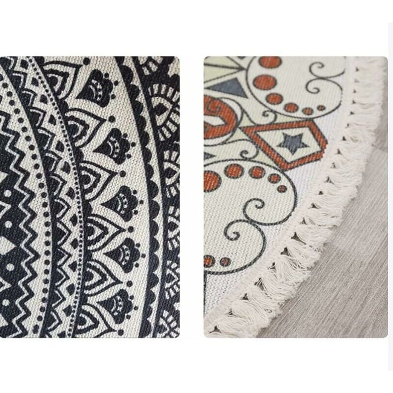 Detail of bohemian mandala round rug showing tassel edge and floral pattern