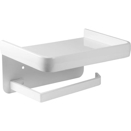 White space aluminium wall shelf with a paper roll holder mounted underneath