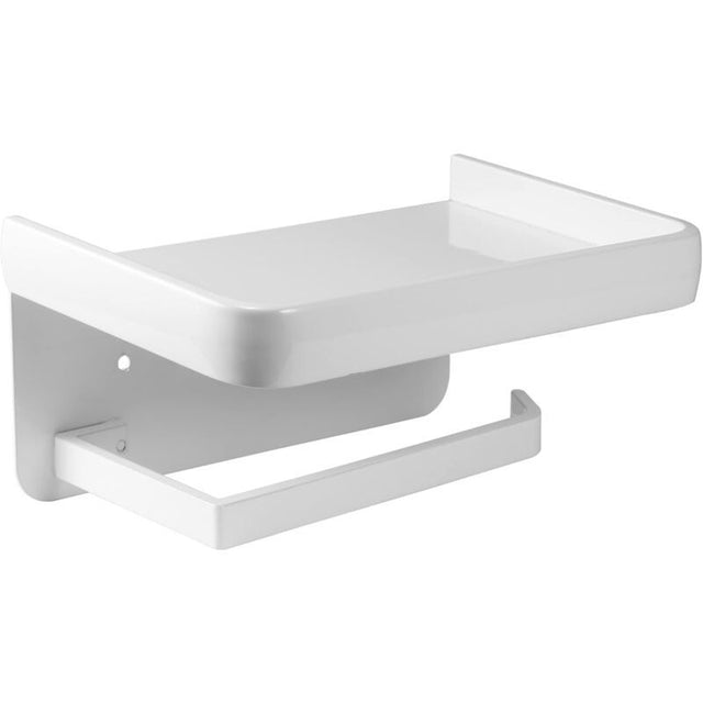 White space aluminium wall shelf with a paper roll holder mounted underneath
